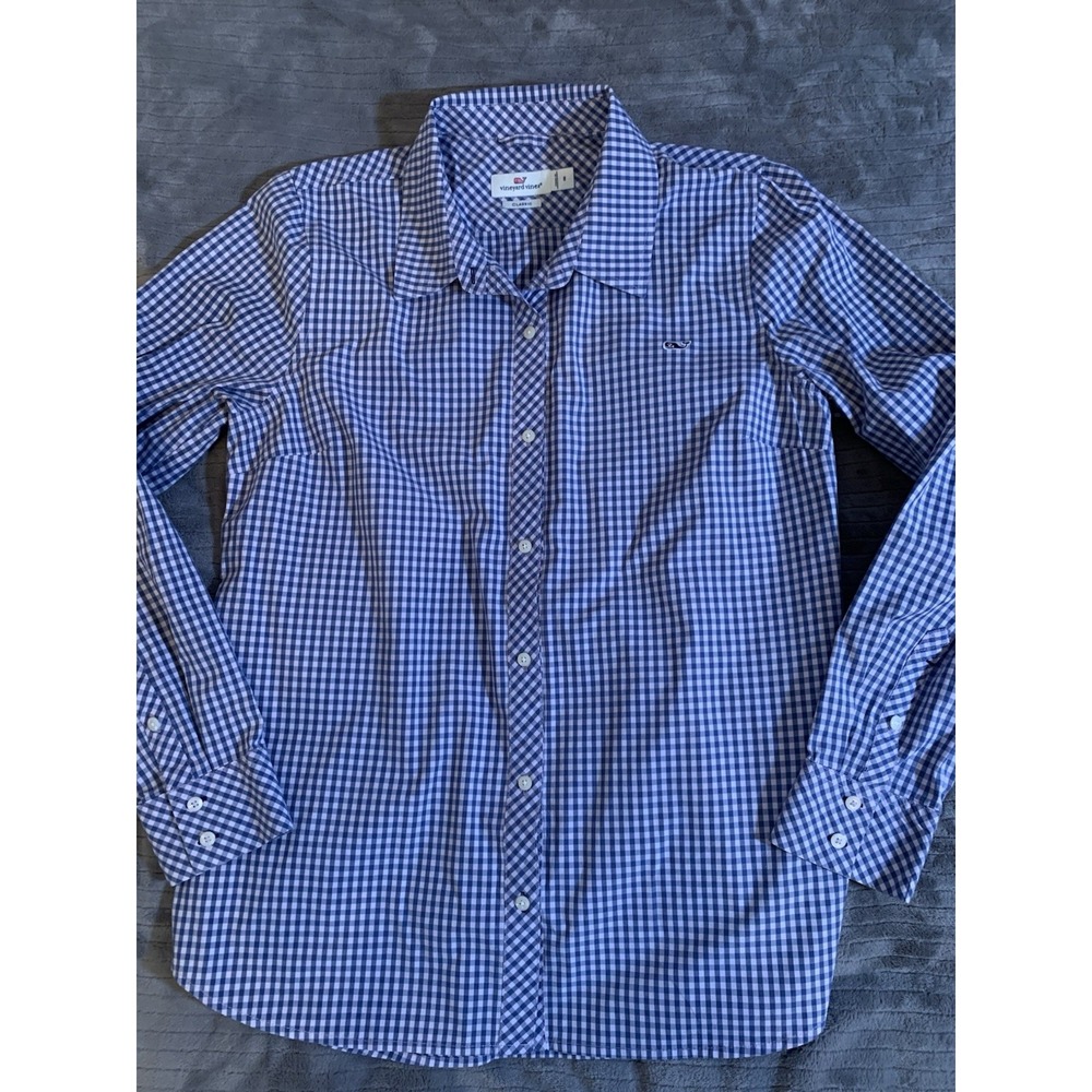 Vineyard Vines Woman Blue Gingham‎ Plaid Long Sleeve Button Down Shirt (Size 8)